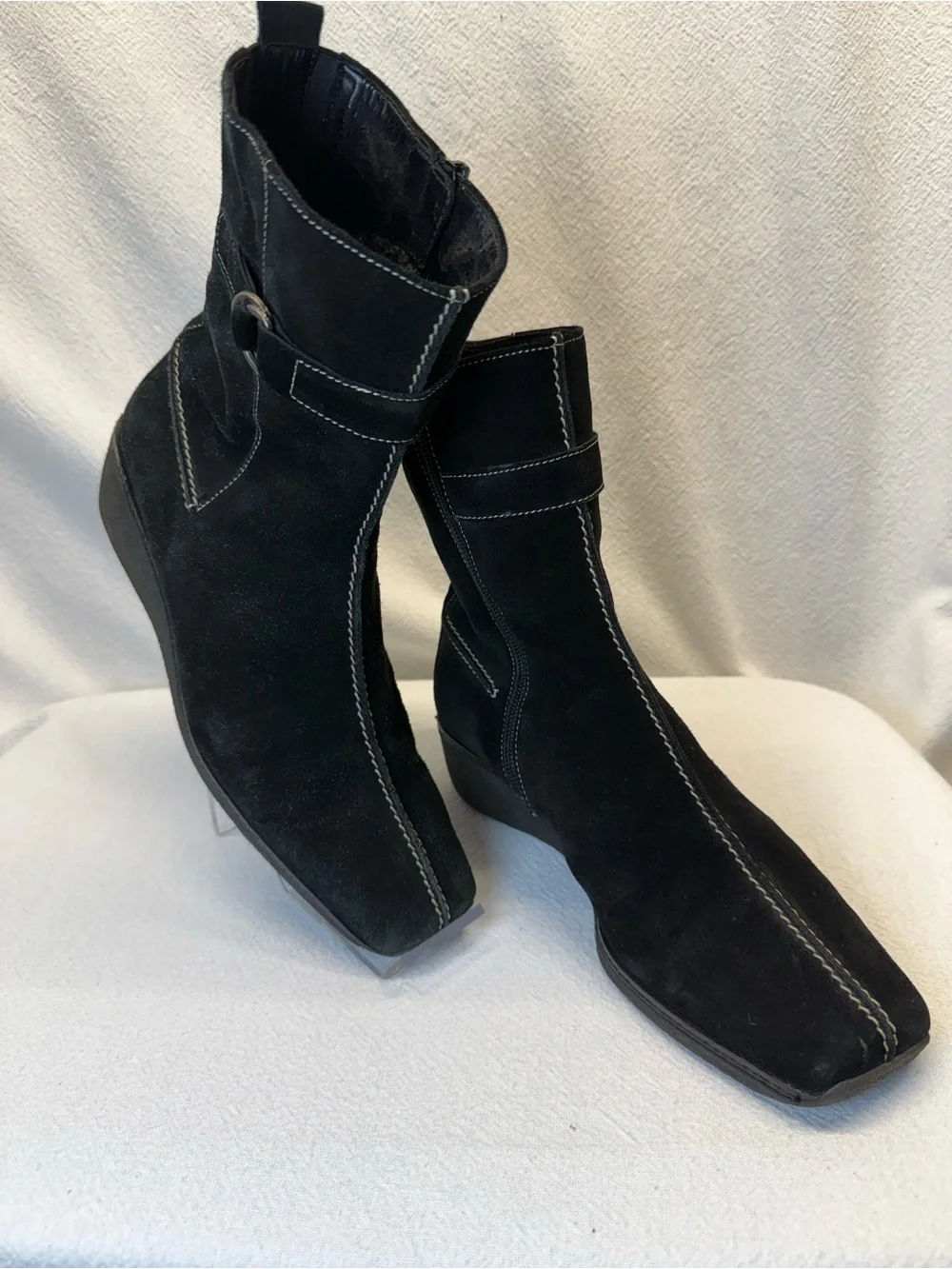European Style Gabor Black Suede Ankle Booties with Contrast Stitching Hipster